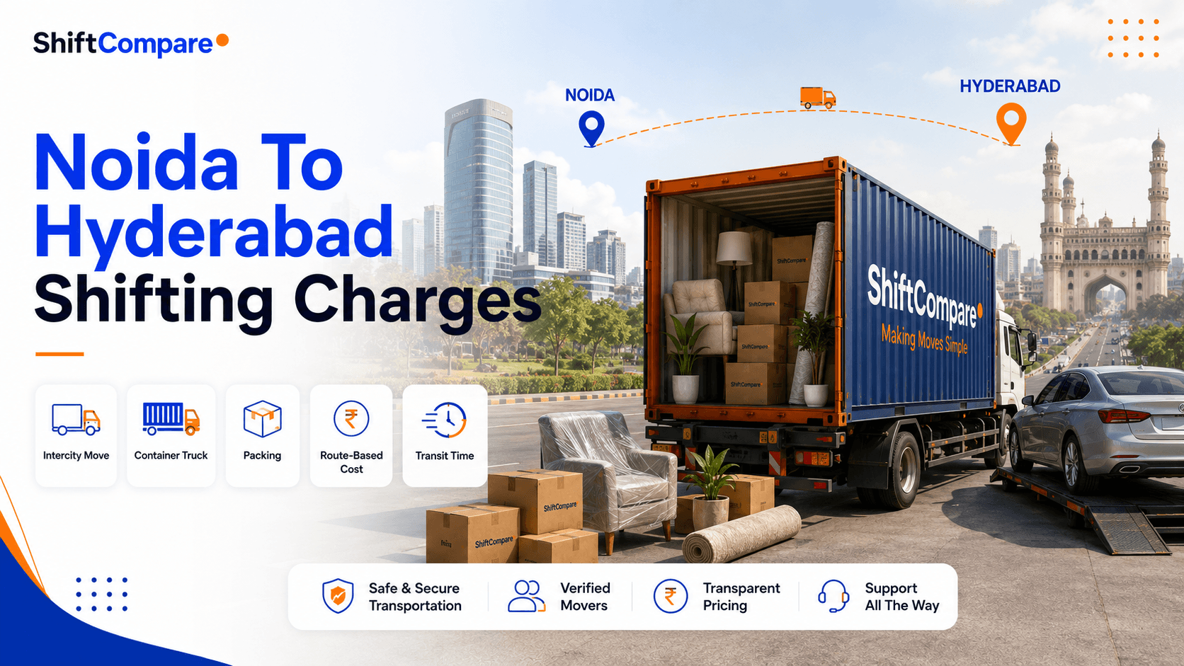 Noida to Hyderabad packers and movers charges by BHK, shared truck and GST